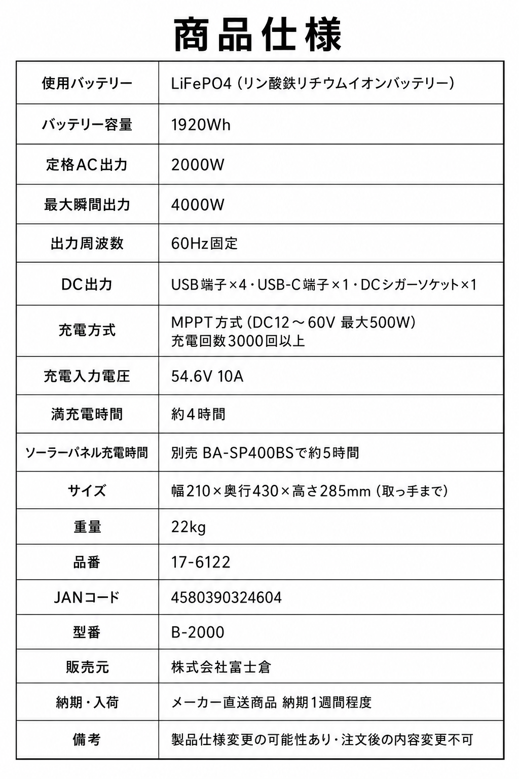 【富士倉】ポータブルバッテリー B-2000 - 画像 (2)